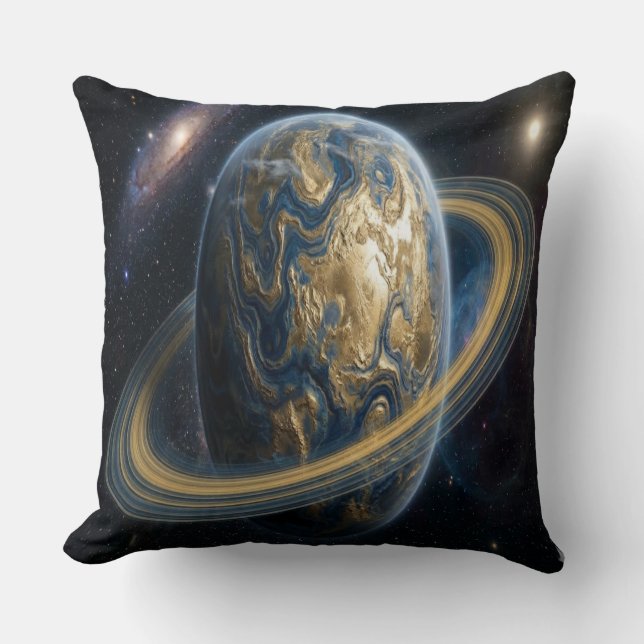 Coussin Planète Bleue Dorée avec des Anneaux (Recto)