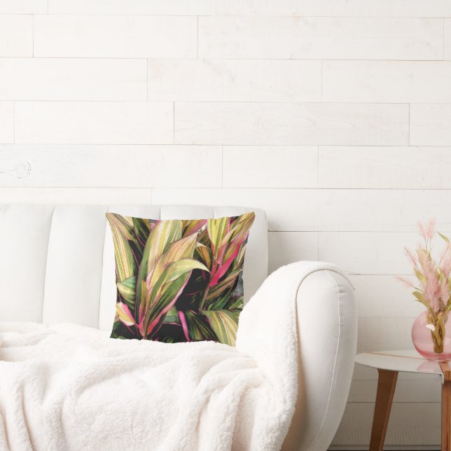 COUSSIN PLANTE TROPICAL/CORDYLINE/COL VERT JAUNE ET ROSE (Canapé)