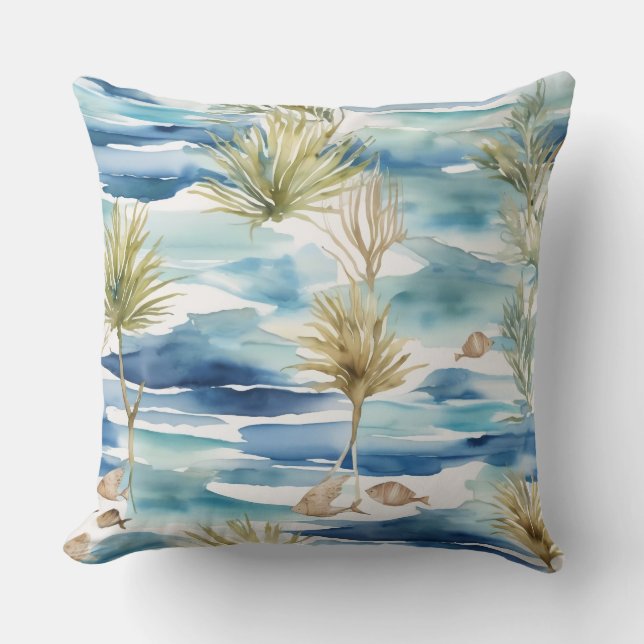 Coussin Plantes d'eau Feuilles et poissons Aquarelle Décor (Recto)