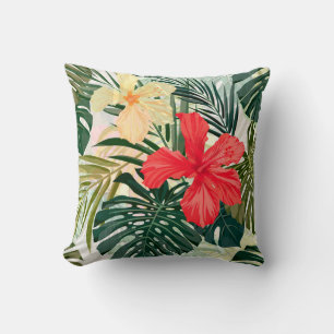 Coussin Plantes tropicaux hawaïens, fleurs colorées.