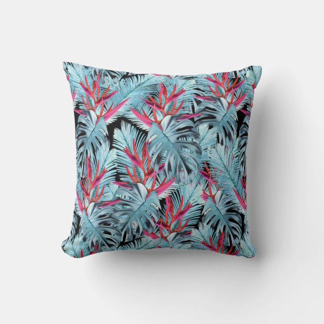 Coussin Plantes tropicaux rouges et bleus (Recto)