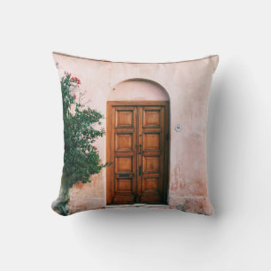 COUSSIN PLANTES VERTS À CÔTÉ D'UNE PORTE BROWN EN BOIS