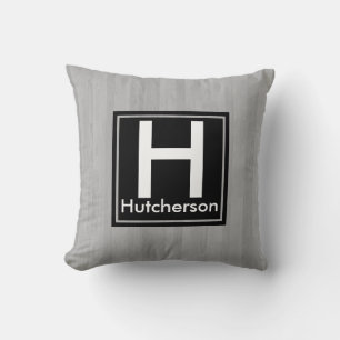 Coussin Plaques en bois gris moderne Monogramme noir Carré