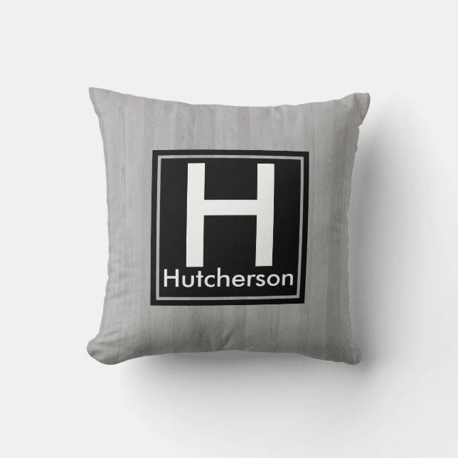 Coussin Plaques en bois gris moderne Monogramme noir Carré (Recto)
