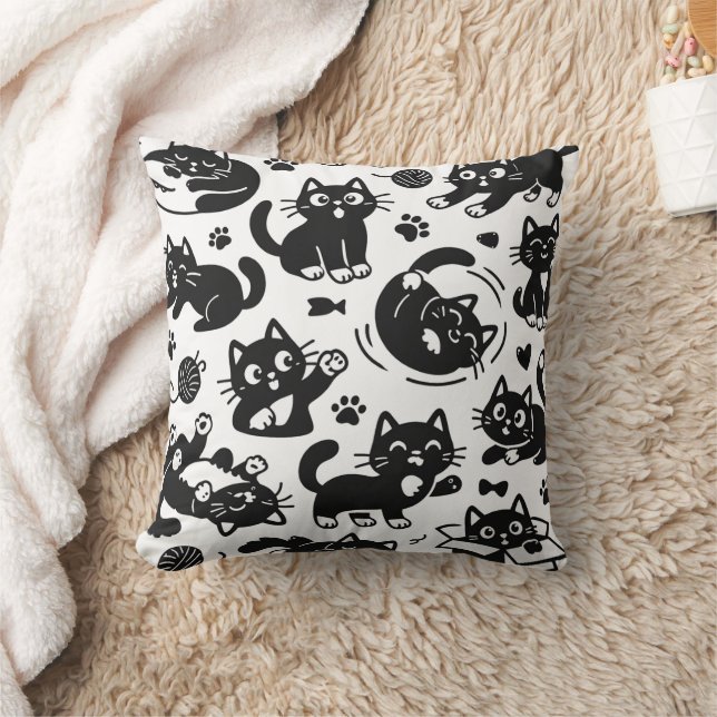 Coussin Playful Black Cat Silhouette Pattern Throw Pillow (Couverture)