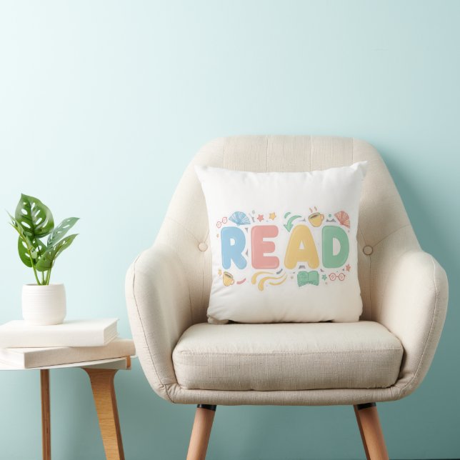 Coussin Playful Pastel Bubble "READ" Sticker Style (Chaise)