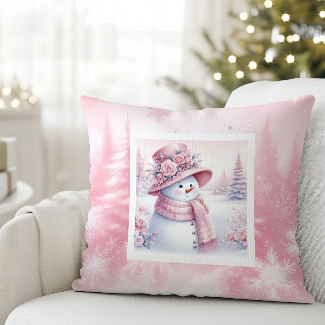 Coussin Playful Pink Snowman Pillow Cozy Winter Look (Playful Pink Snowman Pillow Cozy Winter Look)