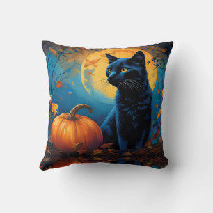 Coussin Pleine lune Citrouille de Kitten noir Feuilles d'a