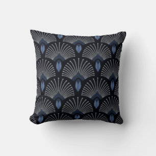 Coussin Plume d'art déco/carreau bleus conception de fan
