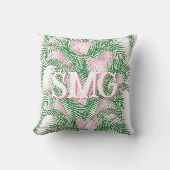 Coussin Plume Palm Fronds in Pink + Green Personalized (Recto)