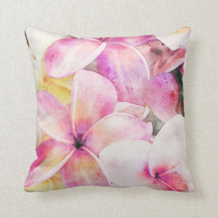 Coussin Plumeria hawaïenne en rose, jaune et blanc