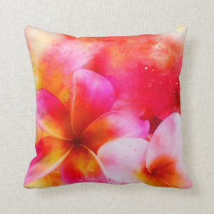 Coussin Plumeria hawaïenne en rose, jaune, orange, blanc