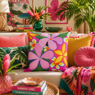 Coussin Plumeria Pop Art Rose Jaune Vibrant Rétro