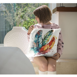 Coussin Plumes colorées Aquarelle amérindienne