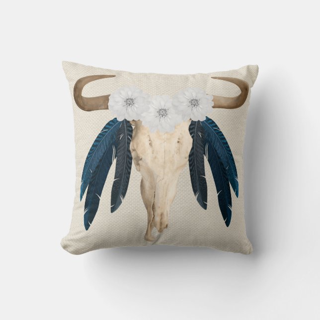 Coussin Plumes de crâne de vache florale rustique de l'Oue (Recto)