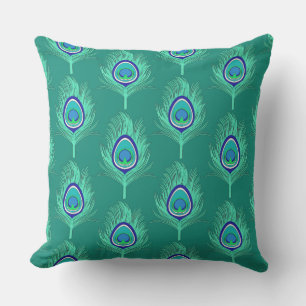 Coussin Plumes de paon, Aqua sur Turquoise / Peacock
