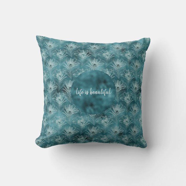 Coussin Plumes de paon glam turquoise brillant (Recto)