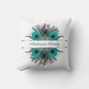 Coussin Plumes de paon personnalisées sarcelle violet bleu