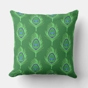 Coussin Plumes de paon, vert citron sur vert émeraude