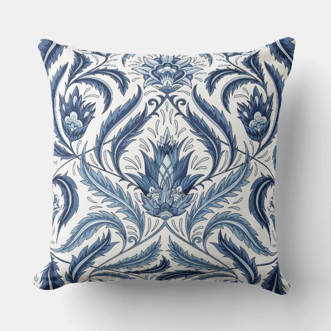 Coussin Plumes Feuilles Florales Faux Tapisserie Bleu et B (Recto)