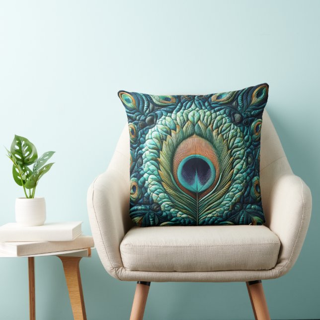 Coussin Plumes Peacock Bleu Quilté Design (Chaise)