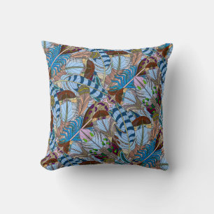 Coussin Plumes Peintes, Tons Tropicaux Bleus/Terres