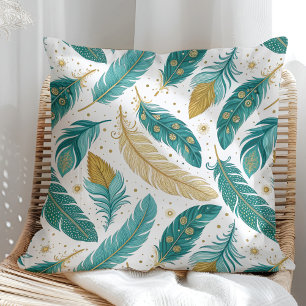 Coussin Plumes sarcelle et or Boho