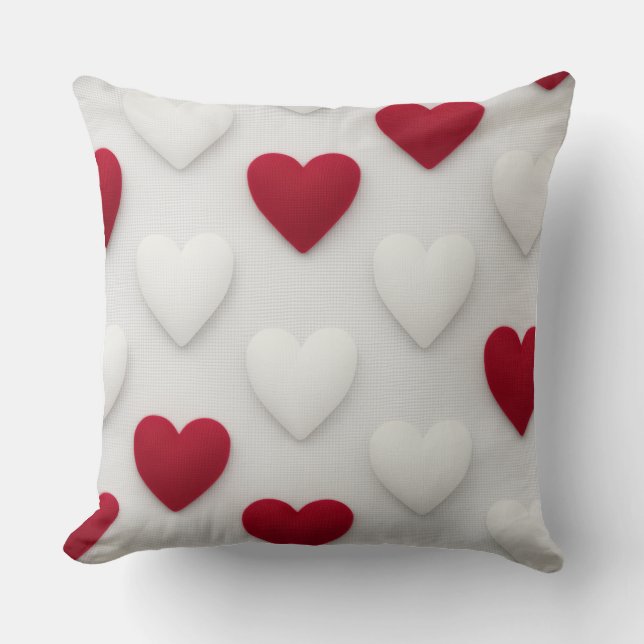 Coussin Plush Red & White Hearts Cotton Throw Pillow (Recto)