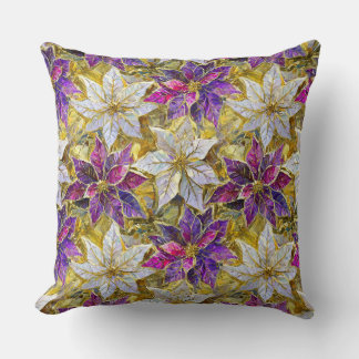 Coussin Poinsettias de Noël blanc or violet rose
