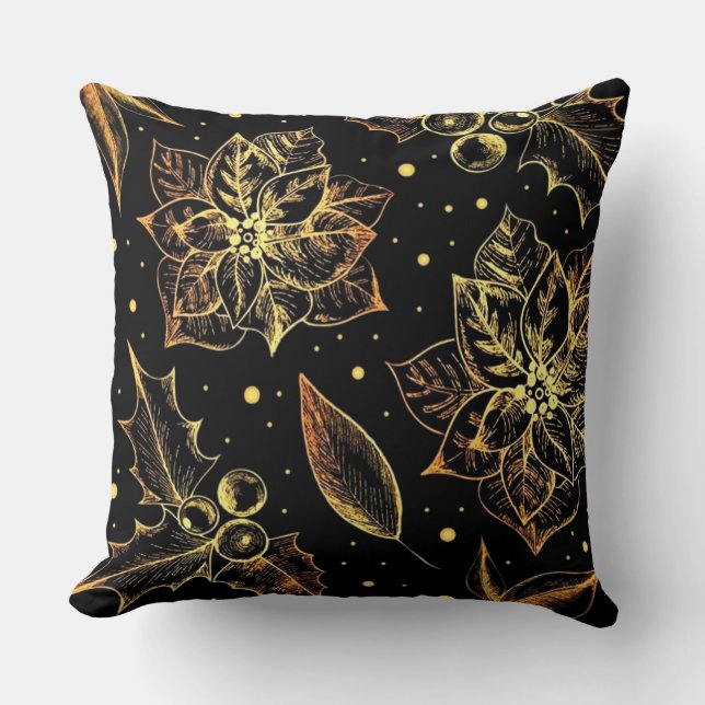 Coussin Poinsettias Noir & Or & Holly (Recto)