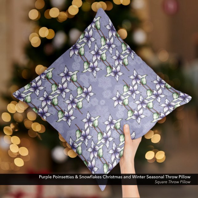 Coussin Poinsettias pourpres et flocons de neige Noël (Purple Poinsettias & Snowflakes Christmas and Winter Season Throw Pillow)
