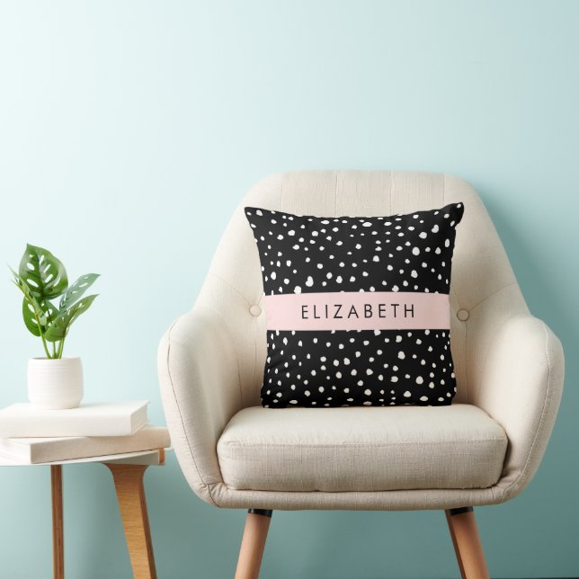 Coussin Points dalmatiens, Spots, Noir et Blanc, Votre nom (Chaise)