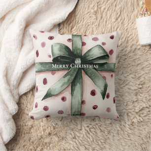 Coussin Points roses de Noël Ruban vert & Bow
