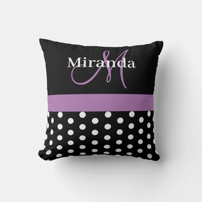 Coussin Pois de script de monogramme noir blanc violet (Recto)