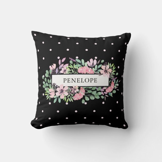 Coussin Pois floral de la belle aquarelle | sur le noir (Recto)