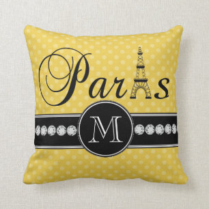 Coussin Pois jaune Paris décoré d'un monogramme