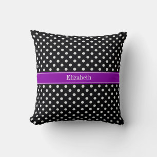 Coussin Pois noirs et blancs Nom violet Monogramme