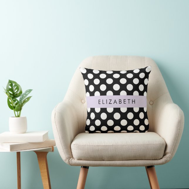 Coussin Pois noirs et blancs, pointillés, Votre nom (Chaise)