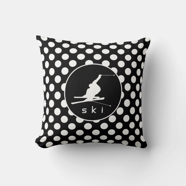 Coussin Pois noirs et blancs ; ski de neige (Recto)