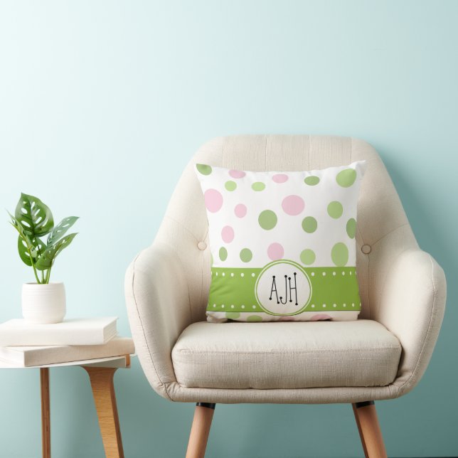 Coussin Pois roses, Pois verts, Monogrammes (Chaise)