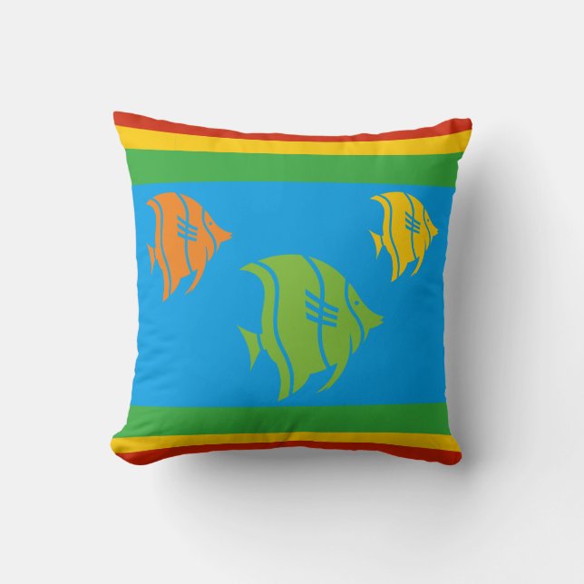 Coussin poisson bleu, orange, jaune et vert sur le blanc (Recto)