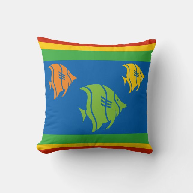 Coussin poisson bleu, orange, jaune et vert sur le blanc (Recto)