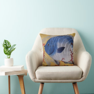 Coussin Poisson Bleu Tropical Vieille Corail Marine Vie Oc