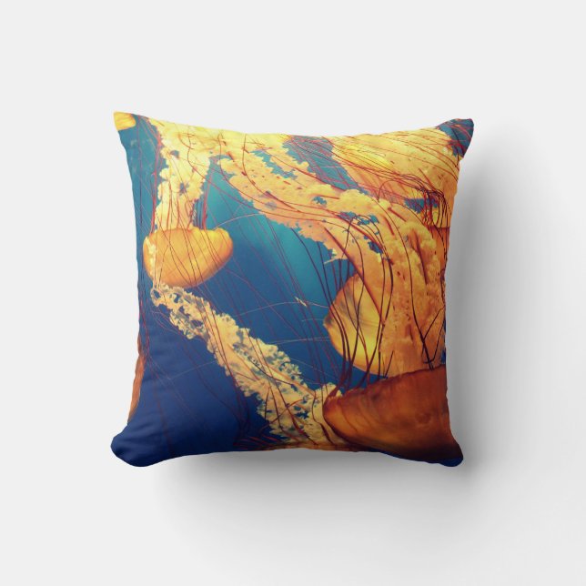 Coussin Poisson jaune orange sur bleu (Recto)