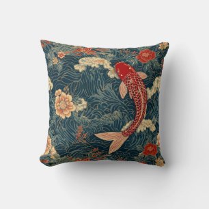 Coussin Poisson Koi Japonais - Vague et floral oriental vi