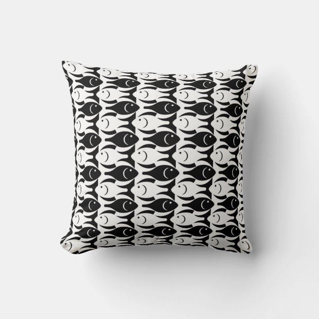 Coussin Poisson moderne du milieu du siècle, noir et blanc (Recto)