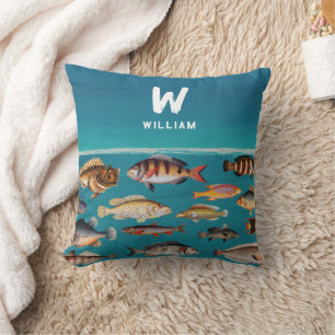 Coussin Poisson Monogramme Sous Océan Bleu