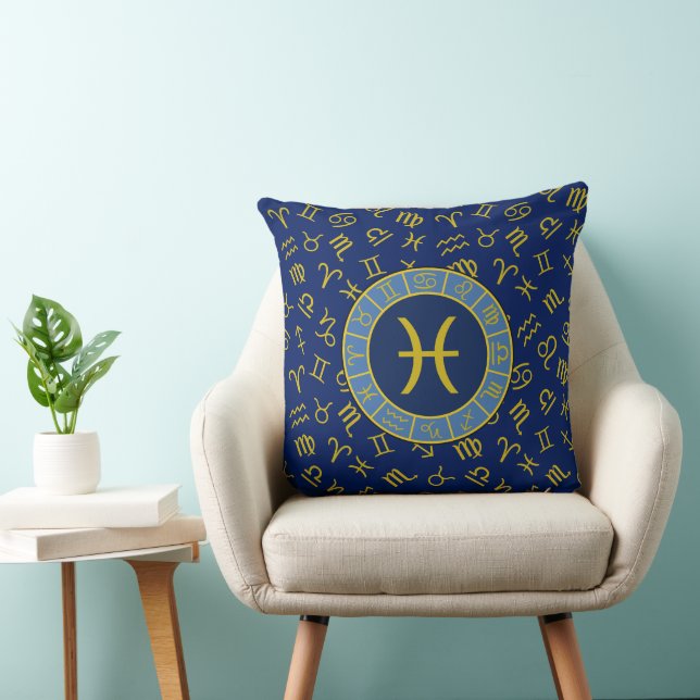 Coussin Poissons Zodiac+Astrologie Symboles Motif Or+Blues (Chaise)