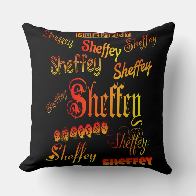 Coussin Polices Sheffey - orange, rouge et jaune (Recto)