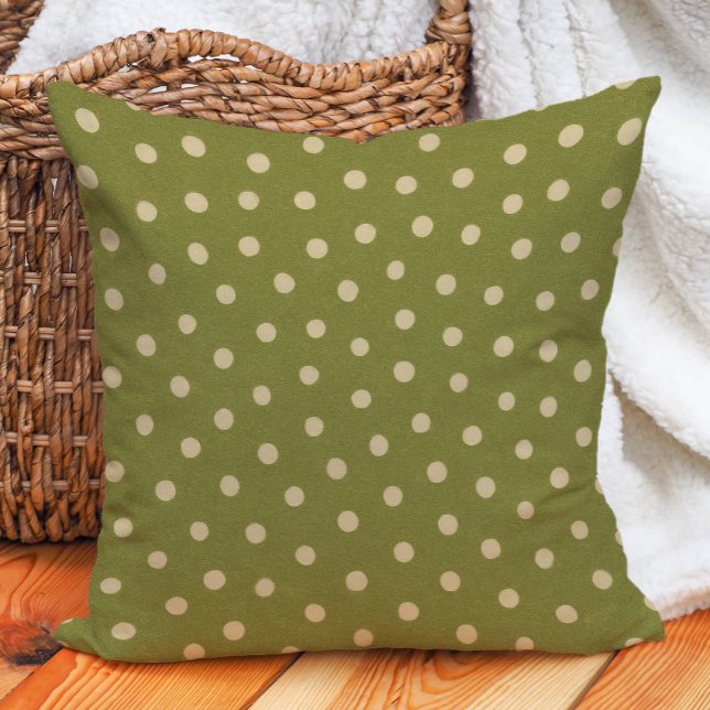 Coussin Polka Beige Vintage Olive Retro (Retro, vintage olive green and beige polka dot decorator pillow)